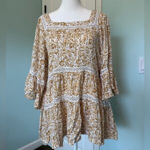 Free People Floral Blouse in Gold and White